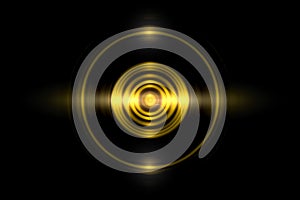 Abstract gold circle ring light effect with sound waves oscillating on black background