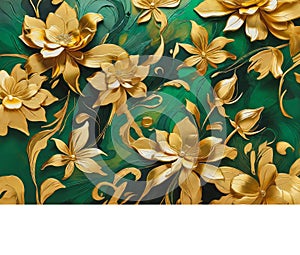 Abstract gold embossed flower on green background with gold leaves banner