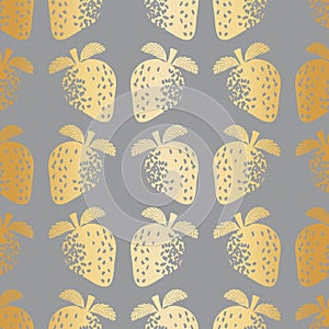 Abstract gold foil effect strawberry seamless vector pattern background. Stencilled berries on warm yellow grey shiny