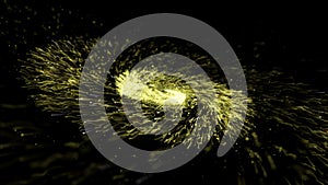Abstract gold glittering spiral trail of twisted sparkling dust particles on black background. Magic comet tail of golden twirl sp