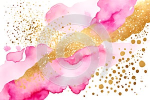 Abstract gold glitters and pink watercolor hand paint texture on white background