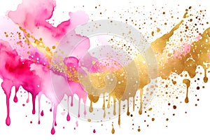 Abstract gold glitters and pink watercolor hand paint texture on white background