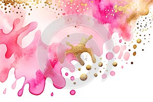 Abstract gold glitters and pink watercolor hand paint texture on white background