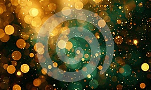 Abstract gold and green glitter lights background. Circle blurred bokeh. Festive backdrop
