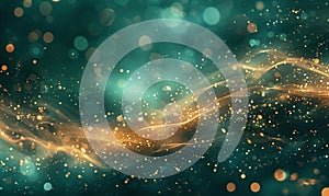 Abstract gold and green glitter lights background. Circle blurred bokeh. Festive backdrop