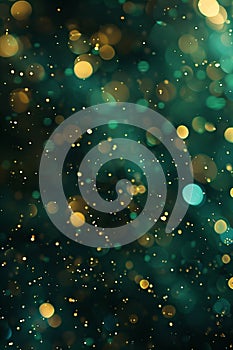 Abstract gold and green glitter lights background. Circle blurred bokeh. Festive backdrop