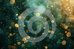 Abstract gold and green glitter lights background. Circle blurred bokeh. Festive backdrop