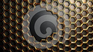 Abstract gold hexagonal pattern background with central void. Generative AI