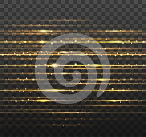 Abstract gold laser beams with shiny sparks isolated on transparent black background. Vector illustration