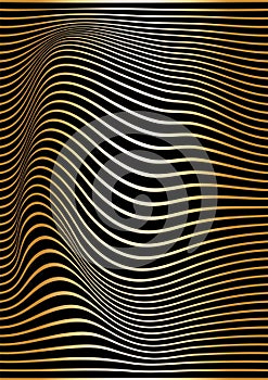 Abstract gold lines are curved on a black background. Optical illusion of concavity and curvature. Wavy vertical vector background