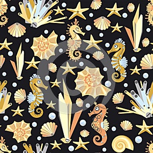 Abstract gold mechanical metal sea horse, starfish, shell, coral, seaweed, pearl on dark background. Seamless pattern. Steampunk