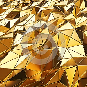 Abstract gold polygons 3D rendering background.