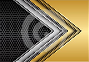 Abstract gold silver arrow on dark gray circle mesh design modern futuristic background vector