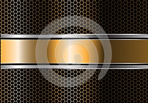 Abstract gold silver black line banner overlap on metal hexagon mesh design modern luxury futuristic background vector