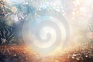 abstract gold and silver glitter background with fireworks. christmas eve, 4th of july holiday concept