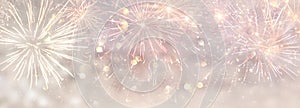 Abstract gold and silver glitter background with fireworks. christmas eve, 4th of july holiday concept. banner