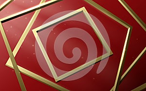 Abstract gold square shaped frames overlap on a red background. Luxury background. Vector illustration