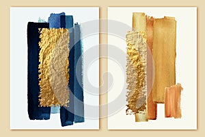 Abstract gold wall art diptych. Golden shiny, beige, ivory and blue shades stripes. Watercolor brush strokes.