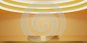 Abstract gold and white neon lights with studio backdrops. LED light. Gold or yellow Blank display or clean room for showing