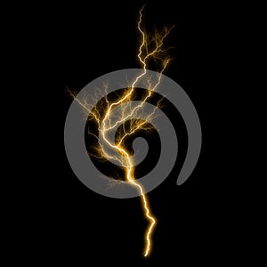 Abstract gold yellow lighting natural thunder realistic magic overlay bright glowing effect on black