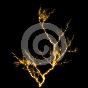 Abstract gold yellow lighting natural thunder realistic magic overlay bright glowing effect on black