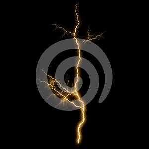 Abstract gold yellow lighting natural thunder realistic magic overlay bright glowing effect on black