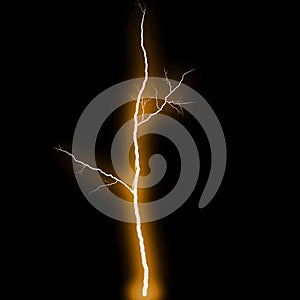 Abstract gold yellow lighting natural thunder realistic magic overlay bright glowing effect on black