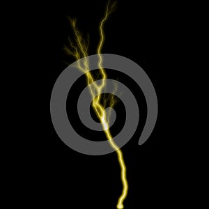 Abstract gold yellow lighting natural thunder realistic magic overlay bright glowing effect on black