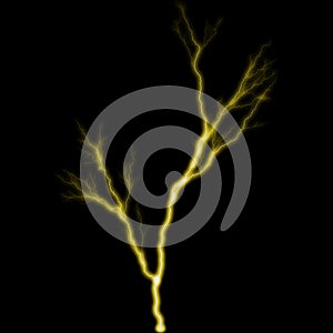 Abstract gold yellow lighting natural thunder realistic magic overlay bright glowing effect on black