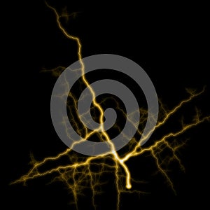 Abstract gold yellow lighting natural thunder realistic magic overlay bright glowing effect on black