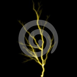 Abstract gold yellow lighting natural thunder realistic magic overlay bright glowing effect on black