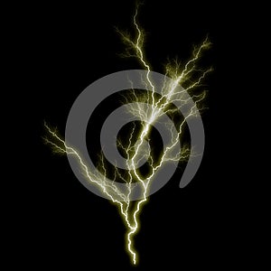 Abstract gold yellow lighting natural thunder realistic magic overlay bright glowing effect on black