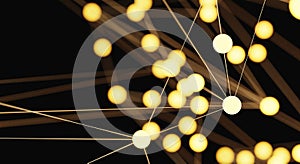 Abstract gold and yellow network glowing illumination node background in the dark space. Science bonding and digital data concept