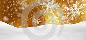 Abstract Golden Background Panorama Winter Landscape with Falling Snowflakes