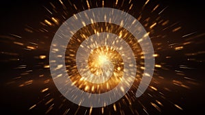 Abstract golden background with starburst. Gold texture with particles coming from center