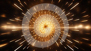 Abstract golden background with starburst. Gold texture with particles coming from center