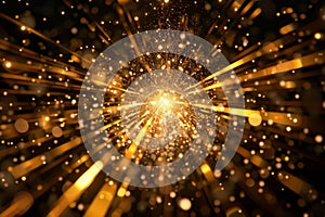 Abstract golden background with starburst. Gold texture with particles coming from center