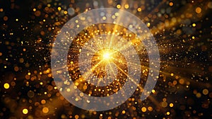 Abstract golden background with starburst. Gold texture with particles coming from center