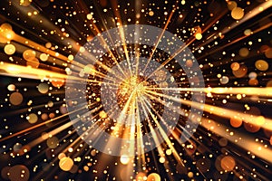 Abstract golden background with starburst. Gold texture with particles coming from center