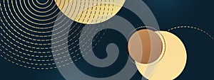 Abstract golden circles lines overlapping on a blue background. You can use for advertisement, poster, template, business