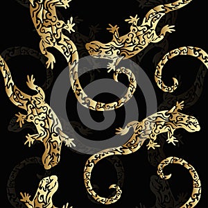 Abstract golden curly figured lizards, seamless pattern, print. Reptiles of precious metal on a dark background