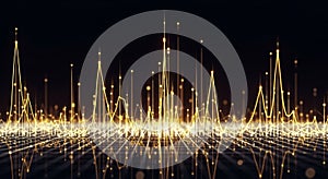 Abstract Golden Digital Data Visualization with Glowing Lines and Particles on Black Background
