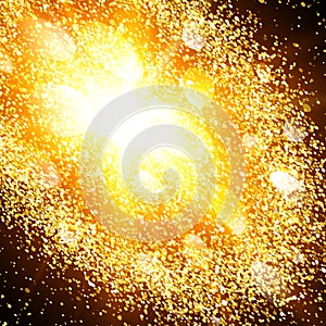 Abstract golden explosion with gold glittering elements. Burst of glowing stars. Dust firework light effect.