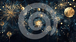 Abstract golden fireworks exploding against dark sky in cosmic celebration
