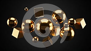 Abstract Golden Geometric Shapes Floating on Black Background