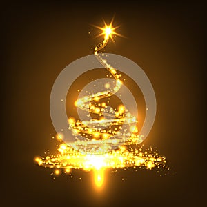 Abstract Golden Glowing Fir Tree on Dark Brown Background