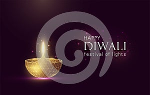 Abstract golden glowing lamp on purple background. Diwali greeting card.