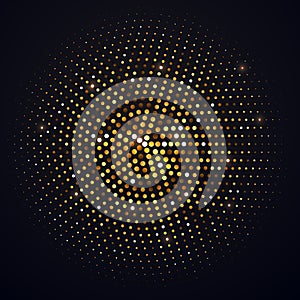 Abstract golden halftone circle vector isolated design element. Disco music party shiny background