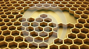 Abstract golden honeycomb structure with hexagonal pattern and depth effect