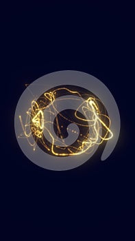 Abstract golden light trails forming chaotic circular motion on dark background, symbolizing energy and motion dynamics